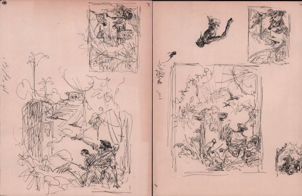Roy Krenkel | Doublesided Soldiers/Explorers, Ruins, Jungle, Dinos Sketches in Ink | Anthony’s Comic Book Art