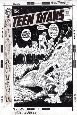 Nick Cardy | Cardy, Nick - Teen Titans #27 Cover, Titans As Disbanded Superheroes - Kid Flash Speedy Hawk & Large Wonder Girl on Moon 1970 | Cool Lines Art