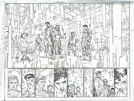 John Romita Jr., Klaus Janson | Action Comics #1027 P 10-11 Double Spread Splash! (Supergirl, Superman, 2 Superboys, & Brainiac 5 All Confront the Red Cloud!) 2020 | Romitaman