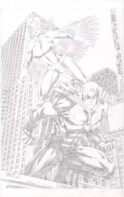 Ricardo Silva | Hawk & Dove with City Backdrop Pencil Art - Signed - 2020 | Anthony’s Comic Book Art