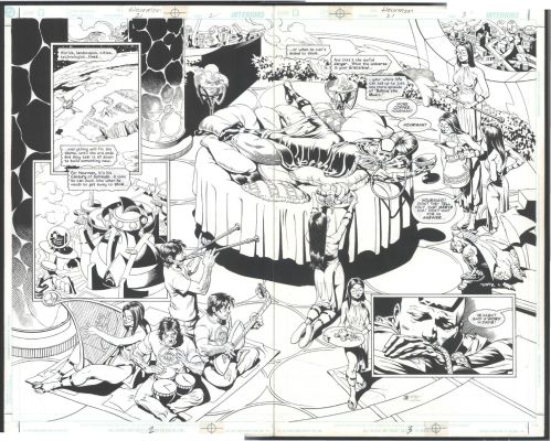Rags Morales David Meikis | Superb Rags Morales Double Page Spread - Hourman Lies in Bed While Sexy Hourmaids Serve Him Coffee And His Hourband Plays Soothing Music Issue Hourman # 21 Page 2 And 3 | Koch Comic Art