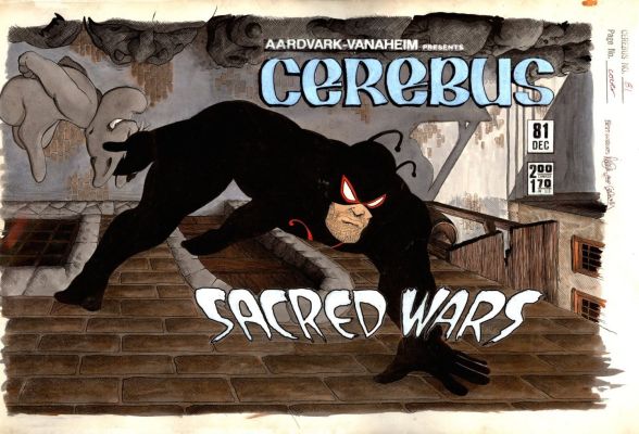 Dave Sim | Sim, Dave / Gerhard Background - Cerebus #81 Cover, Ink & Paint Cover, Cerebus & Spider-Roach, Secret Wars Satire - with Logo Overlay - Side View | Cool Lines Art