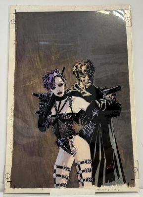 Lot 27 - Lynn Varley – 1994 Sin City: The Big Fat Kill #2 Original Painted Cover Art & Frank Miller Overlay | Oberon Auctions