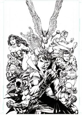 Ed Benes | Dc Countdown To Final Crisis #45 Original Cover Art Featuring Legion of Supheroes Karate Kid Superman Batman Wonder Woman Green Lantern Black Canary Green Arrow Red Tornado Hawkgirl Vixen & Black Lightning By Ed Benes | ComicArtFans Classifieds