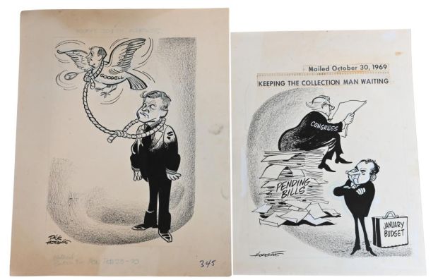 Lot 75 - 11 Dick Hodgins (American 20th Century), Original Editorial Cartoons Eleven original pen and ink editorial cartoons on… | misc / divers