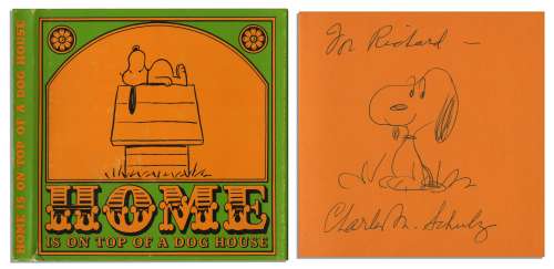 Charles Schulz Hand-Drawn Sketch of Snoopy, Within His Signed ’’Peanuts’’ Book, ’’Home is on Top of a Dog House’’ | Nate Sanders