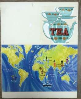 Finding Out - Original Watercolour & Gouache - World Map Tea - Signed 1960’s - Page volante | Catawiki