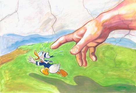 Donald Duck Inspired by Michelangelo’s "The Creation of Adam" - Large Painting - 70x50cm - Tony Fernandez - Art acrylique | Catawiki