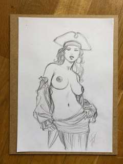 Paturaud, Laurent - illustration originale au crayon gras - Femme pirate | Catawiki