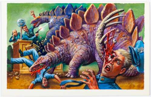 XNO 1988 Topps Dinosaurs Attack Card #6 "Police Precinct Assaulted!" Painting Original Art (Topps, 1988). | Heritage