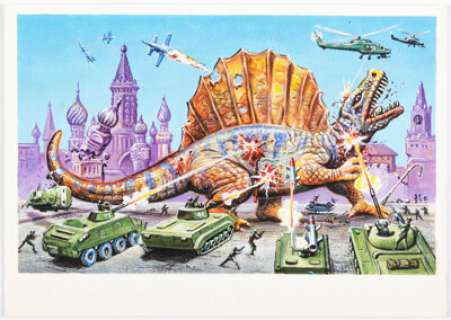 XNO 1988 Topps Dinosaurs Attack Card #27 "Soviets vs. Dimetrodons" Painting Original Art (Topps, 1988). | Heritage