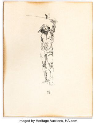 Jeffrey Catherine Jones - Man with Sword and Butterfly Illustration Original Art (undated). | Heritage