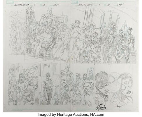 Mark Bagley Avengers Assemble #6 Double Page Spread 1-2 Pencils Original Art Signed by Stan Lee (Marvel, 2012). | Heritage