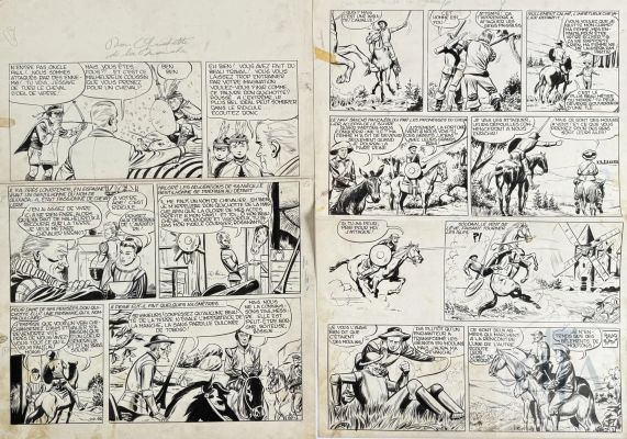 Forton / Bob Morane. Ensemble de 4 Planches Originales Pour Le Récit "Don Quichotte de La Manche" Retraçant L’histoire Du Personnage de Miguel de Cervantes. Publié Dans Le Journal Spirou N°919 Dans La Rubrique "Les Belles Histoires de L’oncle Paul" En 1955, Puis Dans Le Journal Vaillant En 1969. Rare. Encre de Chine Signé. Repères Couleurs Au dos. Tbe. 65 X 43 Cm | Lot 563 : Forton / Bob Morane. Ensemble de 4 planches originales pour le… | Dagoty