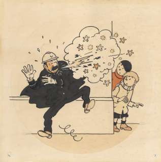 Hergé - Lot 187 - Quick et Flupke (4e série). Dessin original de Hergé, mis en couleurs par Guy Dessicy. 15 x 15 cm.