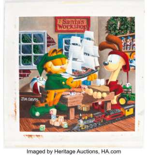 Jim Davis Studio | Jim Davis Studio - Garfield and Odie Santa’s Workshop Painting Original Art (c.2000’s).... | Heritage