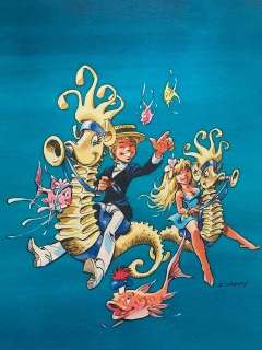 Dany - Original painting - Roze Bottel en Duifje Vleugelslag op zeepaardjes - / Olivier Rameau et Colombe sur des hippocampes | Catawiki