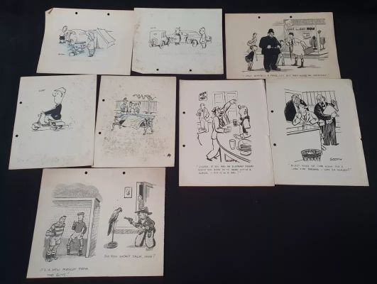 Lot 386 - NINE PEN AND INK ORIGINAL SINGLE-PANEL CARTOONS circa 1940s/50s, various subjects, all bar two | misc / divers