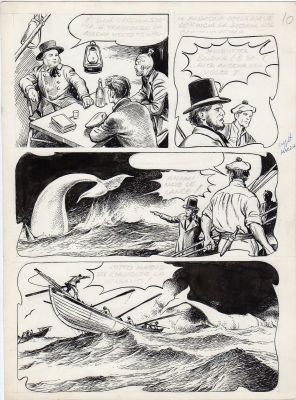 FRANCO CAPRIOLI - Tavola originale da Moby Dick: la balena bianca. Matita, china, retrocolorata. Dimensioni 28 x 38. Edita per I quaderni del fumetto n.20,  p.10. Fratelli Spada , 1975.
