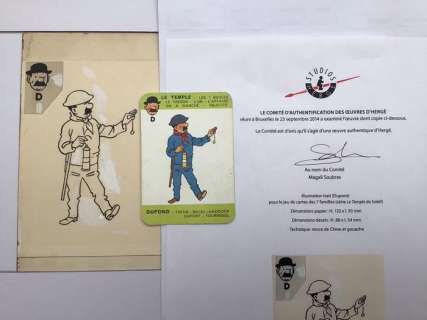 Tintin - Dessin Original Hergé - Carte du jeu des 7 famille (Dupont) + Certificat d’ Authentification - (1962) | Catawiki