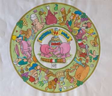 Benito Jacovitti | Benito Jacovitti - Illustrazione originale â€œBaccanale â€˜96 Imola Sangioveseâ€ - Grande Formato - Page volante - Exemplaire unique | Catawiki