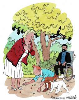 Yves Rodier - Lot 473 - Tintin, Les Bijoux de la Castafiore, dessin original à l’encre de chine et à l’aquarelle en hommage à HERGÉ.