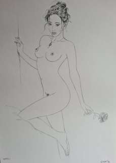 Chabanne, Lounis | Lounis Chabane - Dessin original érotique - Femme Ã  la rose - Format: 21 x 29,7 cm. | Catawiki
