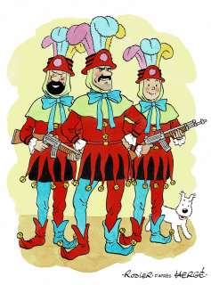 Yves Rodier - Lot 475 - Tintin et les Picaros, dessin original à l’encre de chine et à l’aquarelle en hommage à Hergé.