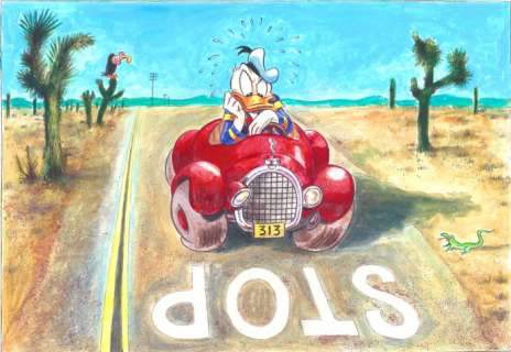 Tony Fernandez, Disney Artist | Angry Donald Duck Stopped At Route 66 - Original Painting - 70 x 50 cm - Tony Fernandez Signed - Acrylic Artwork | Catawiki
