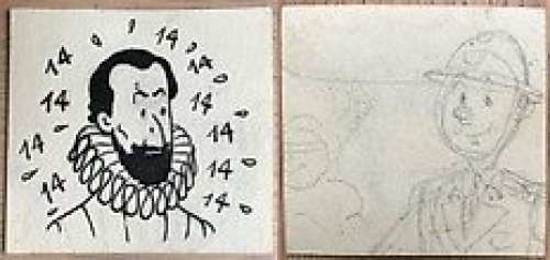 Herge | Herge - Originele gepubliceerde tekening ’Un chiffre tabou’ + Originele potloodschets van Tintin/Kuifje in militair costuum - Le Petit Vingtième - (1939) | Catawiki