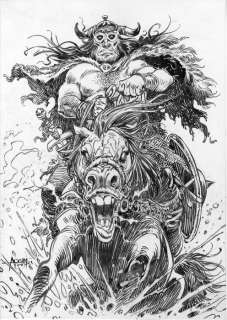 Aouamri, Mohamed | Aouamri, Mohamed - Dessin original - Cavalier Viking sur cheval fougueux - (2018) | Catawiki