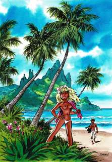 Dany | Colombe et Olivier Rameau à la plage, dessin original à l’encre de chine et à l’aquarelle. | Septimus