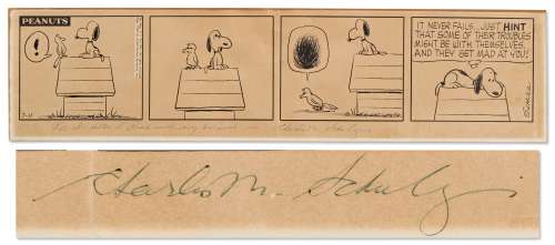 Original Charles Schulz Hand-Drawn ‘‘Peanuts‘‘ Comic Strip from 1962 -- Snoopy Befriends a Bird Who‘s Perched on His Doghouse