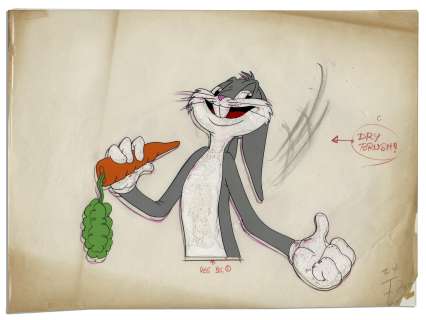 Bugs Bunny Animation Cel -- A Rare Work in Progress, With Pencil Sketch of Bugs Underneath the Cel -- Owned by Ray Bradbury | Nate Sanders