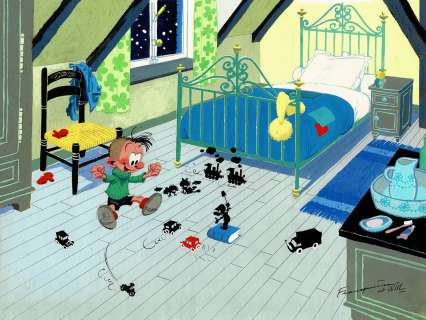 Franquin – Will | Les étranges amis de Noël, dessin original à la gouache réalisé à 4 mains par Franquin et Will (Franquin pour les personnages, trains et voitures – Will pour le décor). Dessin publié en 1966 dans l’album de la collection du… | Septimus