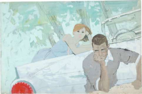  - Bernie (Bernard) Fuchs Couple Lounging on Thunderbird Convertible Original Art (c. 1970s)....