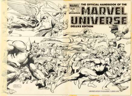 John Byrne and Joe Rubinstein The Official Handbook of the Marvel Universe Deluxe Edition #1 Wraparound Cover Original Art (Marvel, 1985).