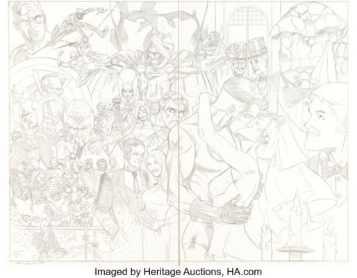 Drew Johnson Fantastic Four: The Wedding Special #1 Double Splash Pages 18-19 Pencils Original Art (Marvel, 2006).