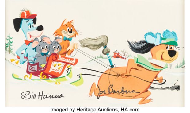 Huckleberry Hound and the Christmas Sleigh Yogi Bear, Huck Hound, Pixie & Dixie, and Mr. Jinks Double-Page Little Golden Book #403 Illustration Signed by Bill Hanna and Joe Barbera (Golden Press, 1960). | Heritage