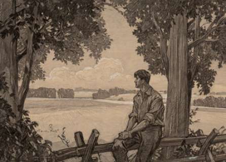 Franklin Booth (American, 1874-1948). Farmer on the Fence. Pencil and watercolor on board. 7-5/8 x 1...