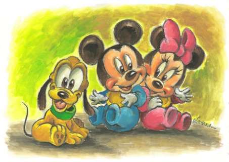 Joan Vizcarra - Baby Mickey, Minnie Mouse and Pluto - Original Painting - Hand Signed | Catawiki