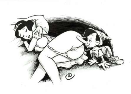 Ramis - 1 Original drawing - sexy girls - Snow White sleeping and Pinocchio | Catawiki