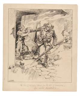 GAAR WILLIAMS INVADING GERMAN SOLDIER GRABBING WOMAN WW I ORIGINAL ART. 