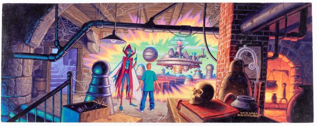 Lot 16 - THE BROTHERS HILDEBRANDT THE FLY "TURAN’S GETAWAY" ANIMATION PRE-PRODUCTION ORIGINAL ART PAINTING. | Hake’s