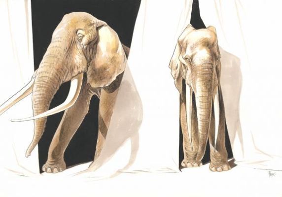 Frank Pé | Illustration originale réalisée pour le calendrier 2015 Éléphantômes : Avril | Daniel Maghen