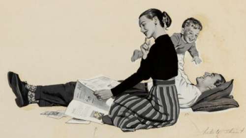 Lockheed Aircraft Advertising Illustration Original Art (1950). A lovely home-and-family image, in large scale, -