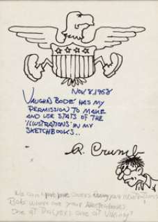 Robert Crumb and Vaughan Bodé - Certificate of Permission Original Art (1968). A unique document from -
