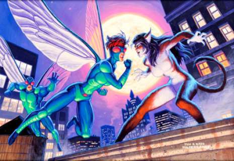 Tim and Greg Hildebrandt Fly and Fly Girl vs. Cat Girl Pre-Production Movie Concept Art Painting Original Art (199... | Heritage