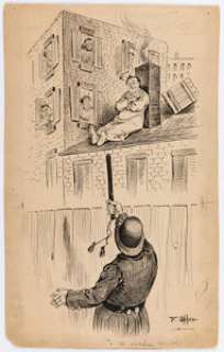 Frederick Burr Opper Rooftop Scene Original Art (1910s).  A delightful tenement scene, with a rooftop squatter - | Heritage