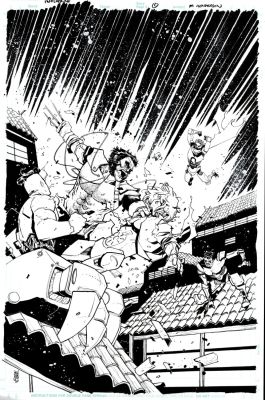 Mike Henderson | Iwolverine #1 Cover (Wolverine with Claws Out, Screaming As He Battles 3 Armored Ninjas on Rooftop!) 2020 | Romitaman